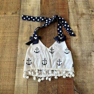 Nautical Anchor Print Toddler Halter Top With Polka Dot Straps & Pom-Pom Trim